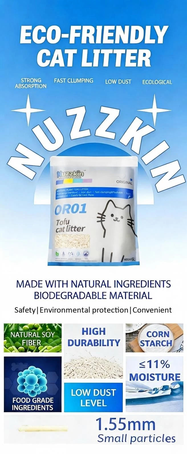 Nuzzkin Tofu Cat Litter 6L | Ultra Clumping, Low Dust & Biodegradable